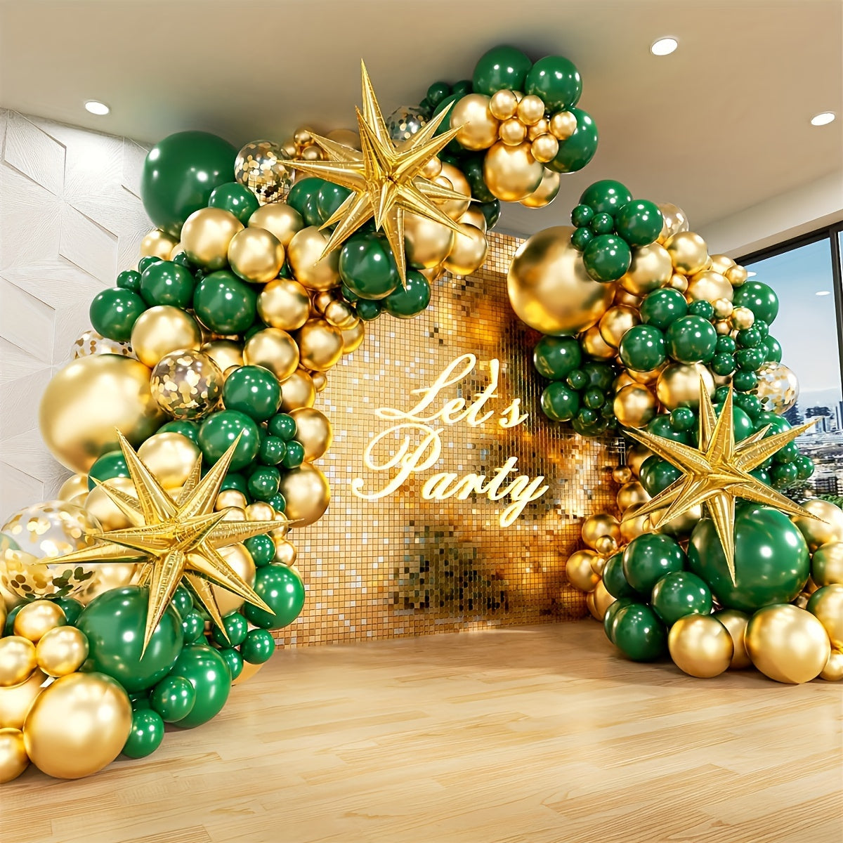 125pcs Green And Golden Balloon Arch Set With 3 Exploding Star Balloons