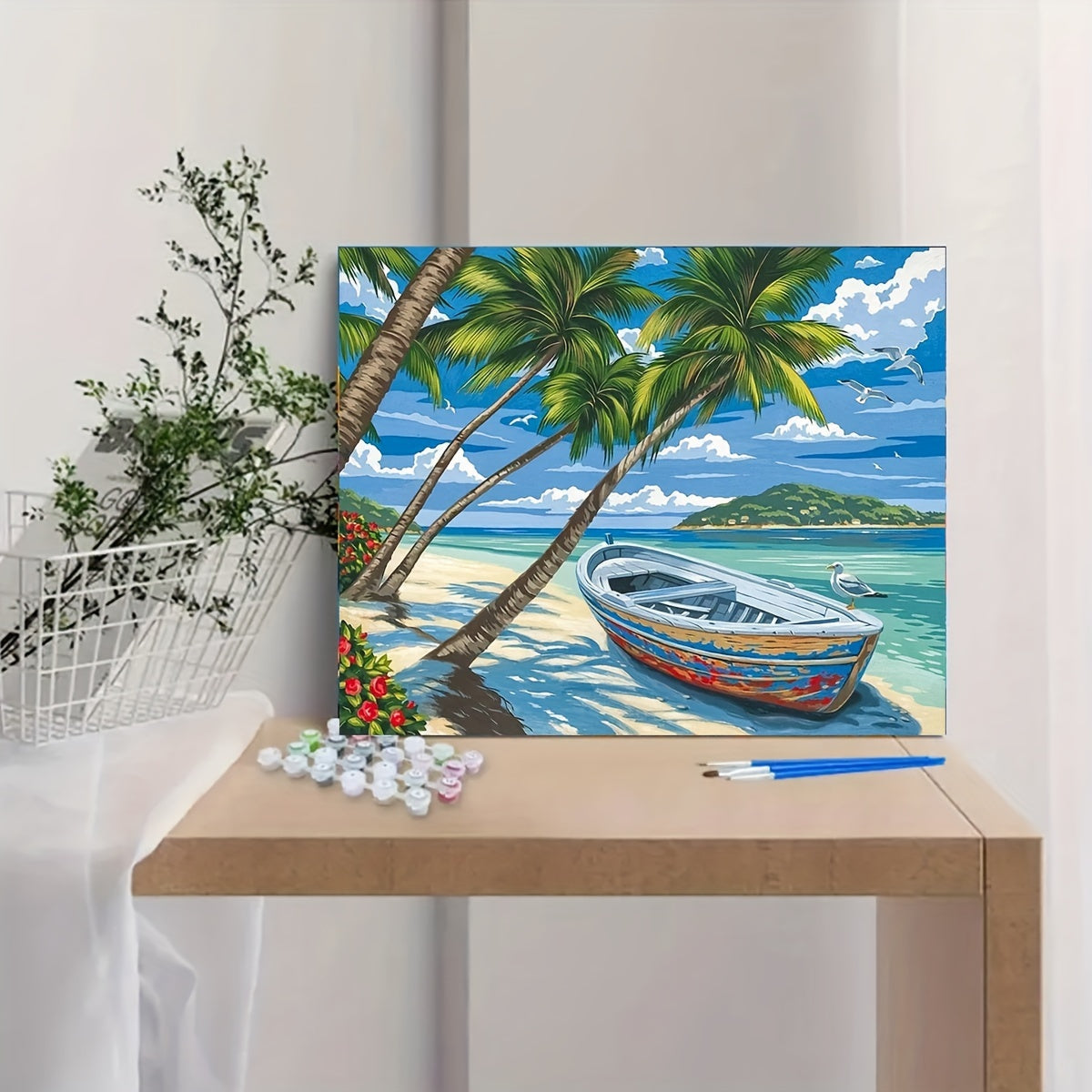 DIY Canvas Paint by Number Kit Tropical Seaside Scenery with Boat and Palm Trees