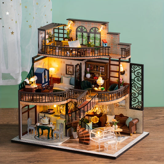 DIY Toy Wooden Mini Doll House Set with Music and LED Lights