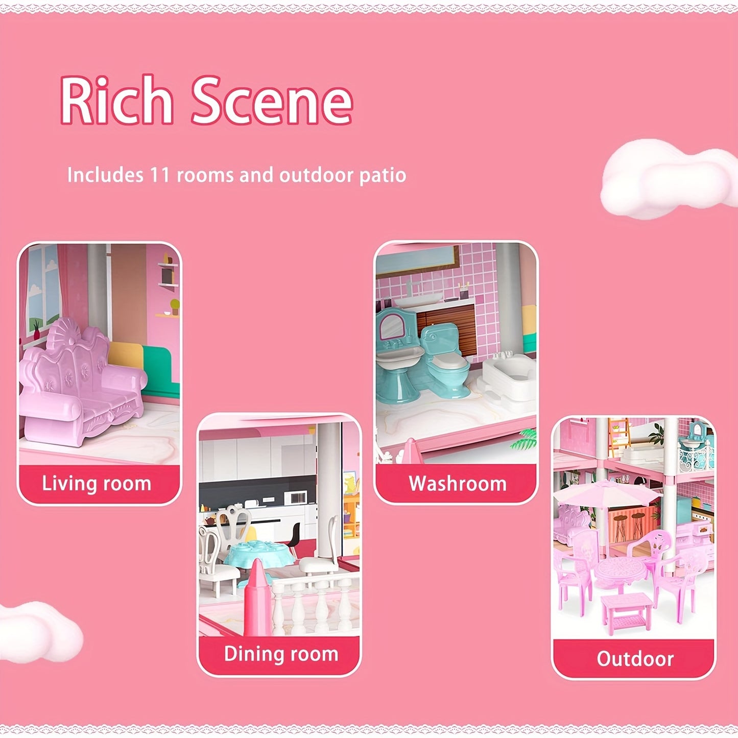 14 Rooms Dollhouse with Dolls Figure, Puppies, Furniture, Accessories, LED Light