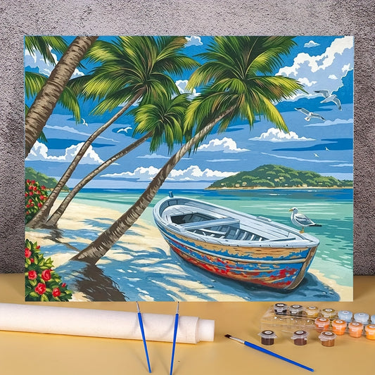 DIY Canvas Paint by Number Kit Tropical Seaside Scenery with Boat and Palm Trees