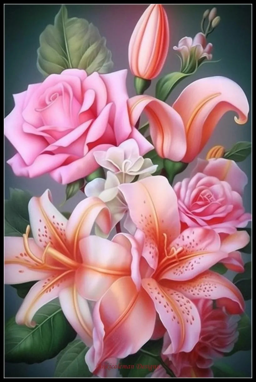 Embroidery Cross Stitch Pink Roses and Lilies