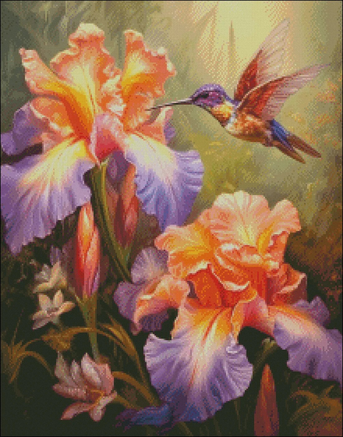 Embroidery Cross Stitch Iris and Hummingbird