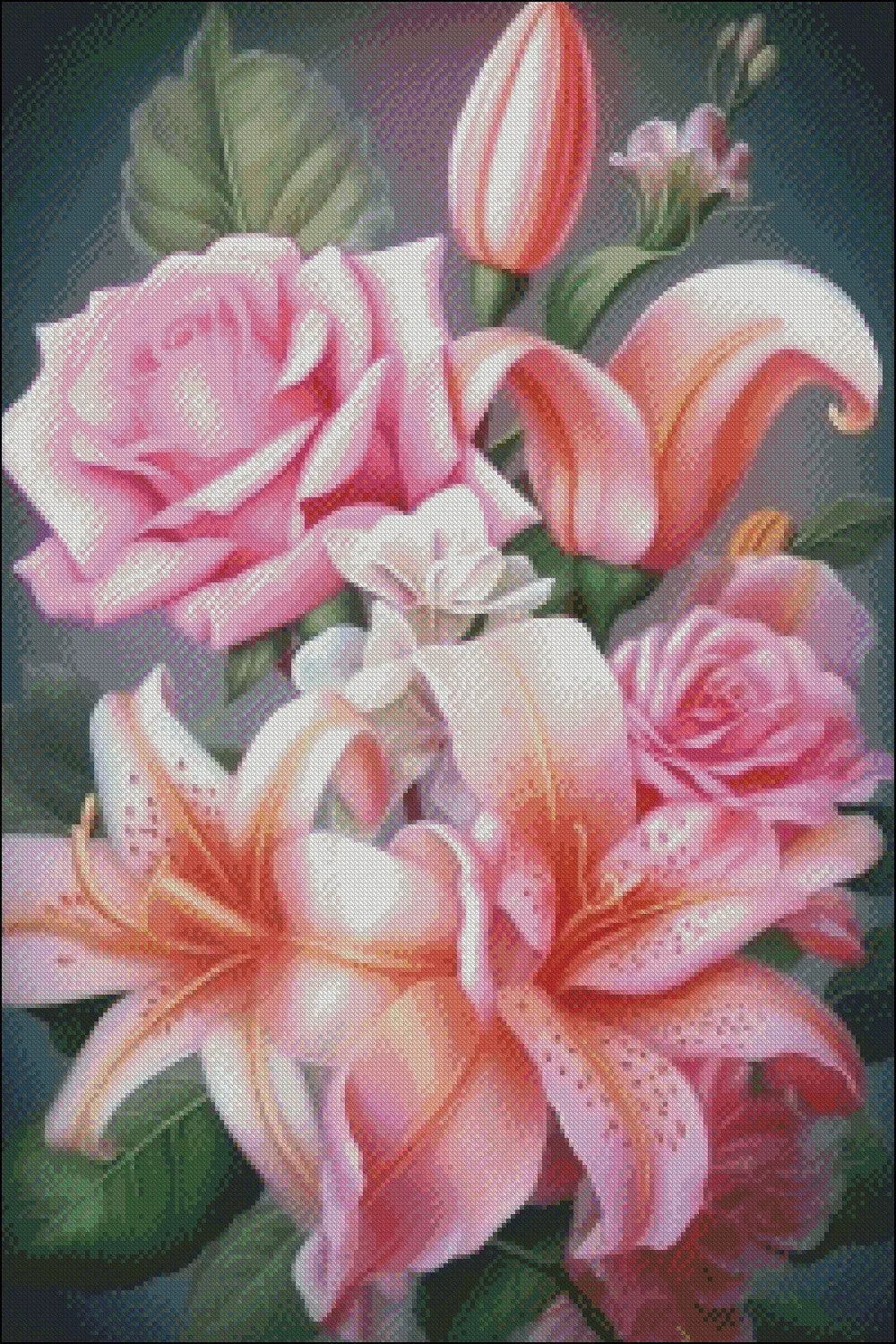 Embroidery Cross Stitch Pink Roses and Lilies