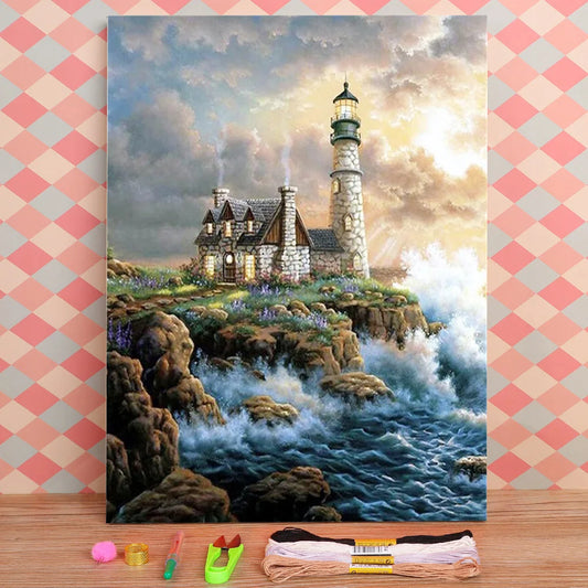 Landscape Lighthouse Cross-Stitch DIY Embroidery Kit