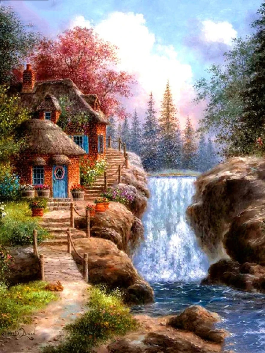 Painting By Numbers Mountain Waterfall Landscape Painting