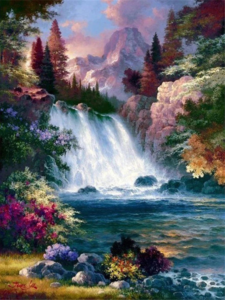 Painting By Numbers Mountain Waterfall Landscape Painting