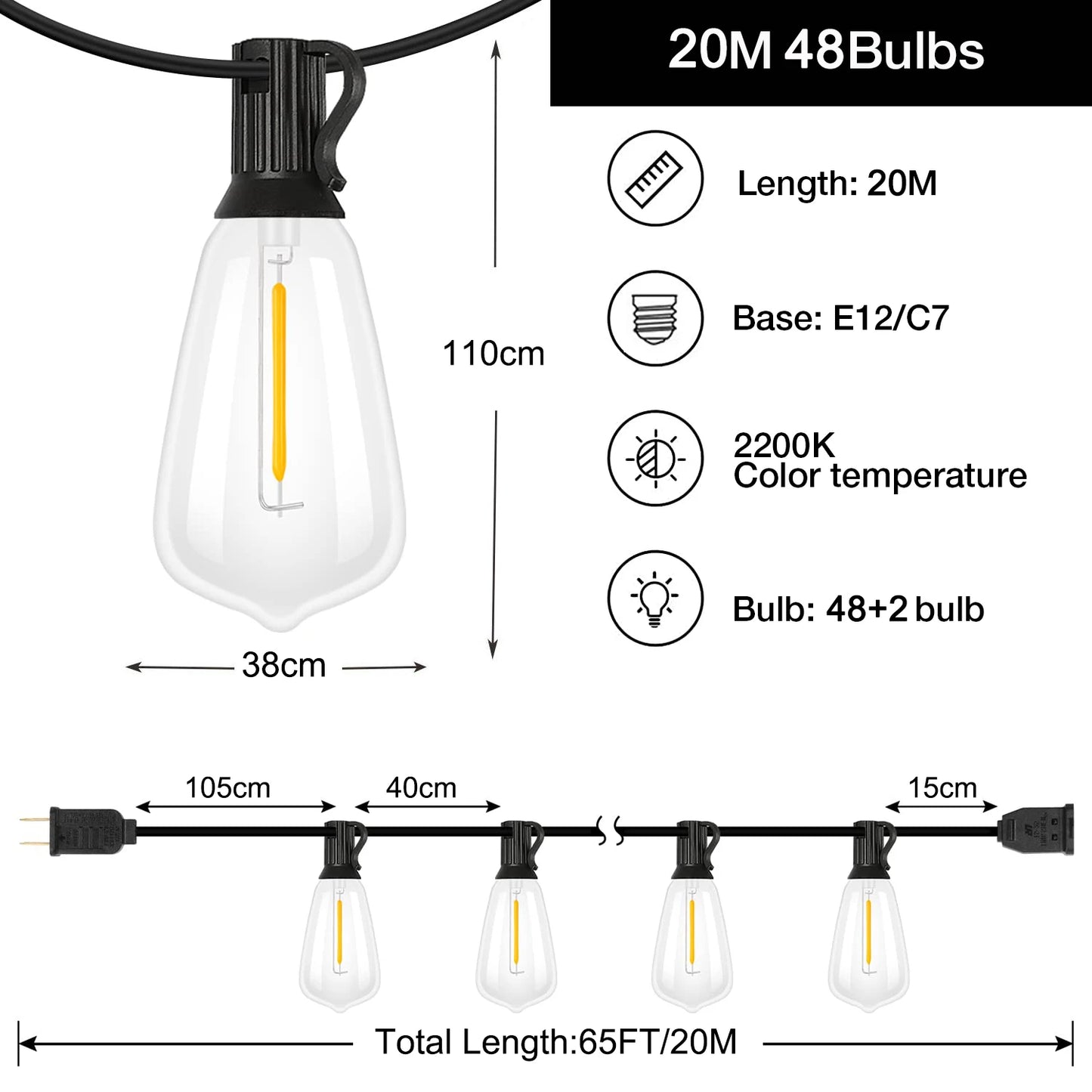 65FT LED Outdoor String Lights Shatterproof