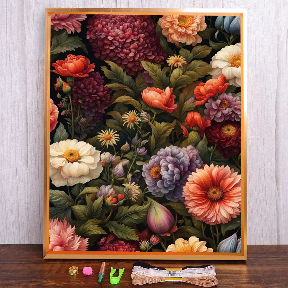 Flowers Printed Fabric Cross Stitch  Embroidery