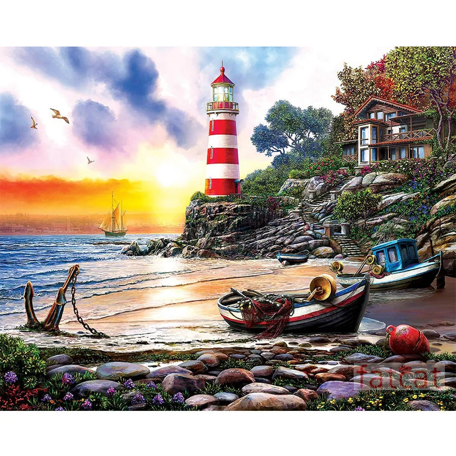 diamond sunset seaside garden mosaic embroidery