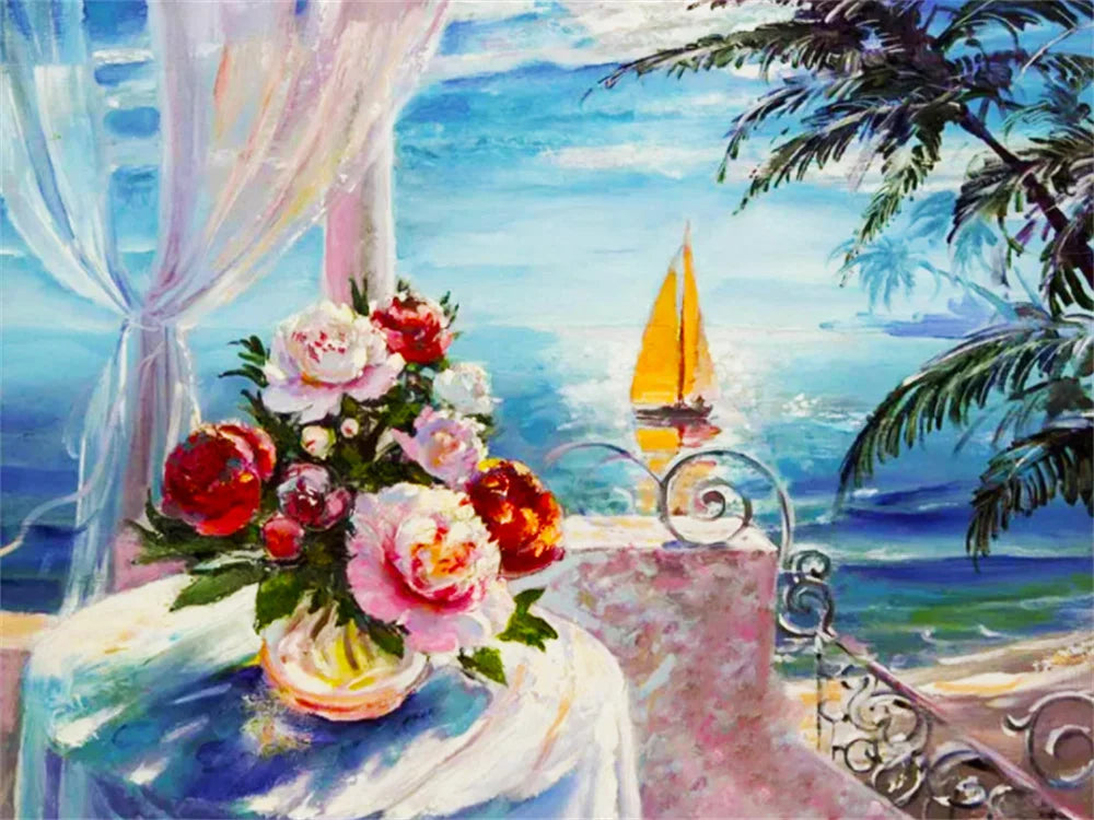 Landscape Flowers Seaside Cross Stitch Embroidery Kit