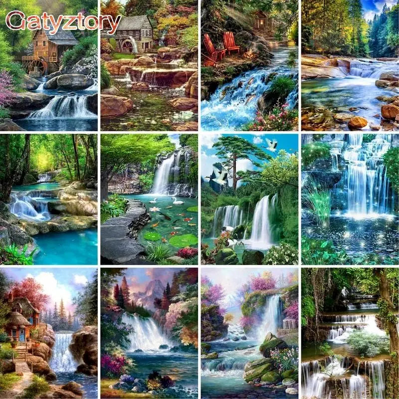 Painting By Numbers Mountain Waterfall Landscape Painting