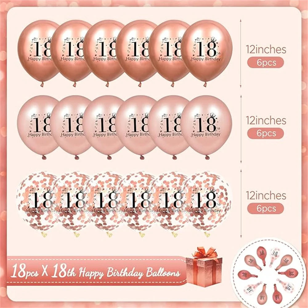 18pcs 18th Rose Gold Happy Birthday Balloon Decorations