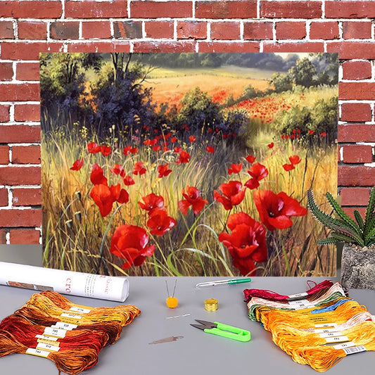 Poppy Flowers Cross Stitch  Embroidery Kit