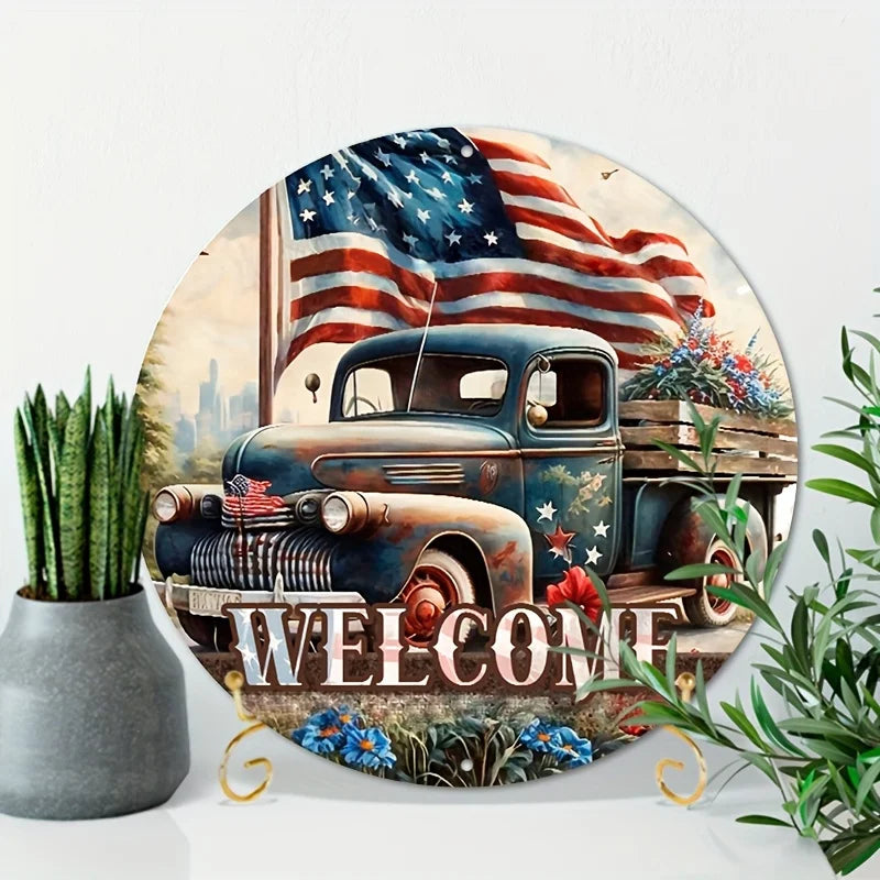 Aluminum Metal Sign Vintage Style Patriotic Truck