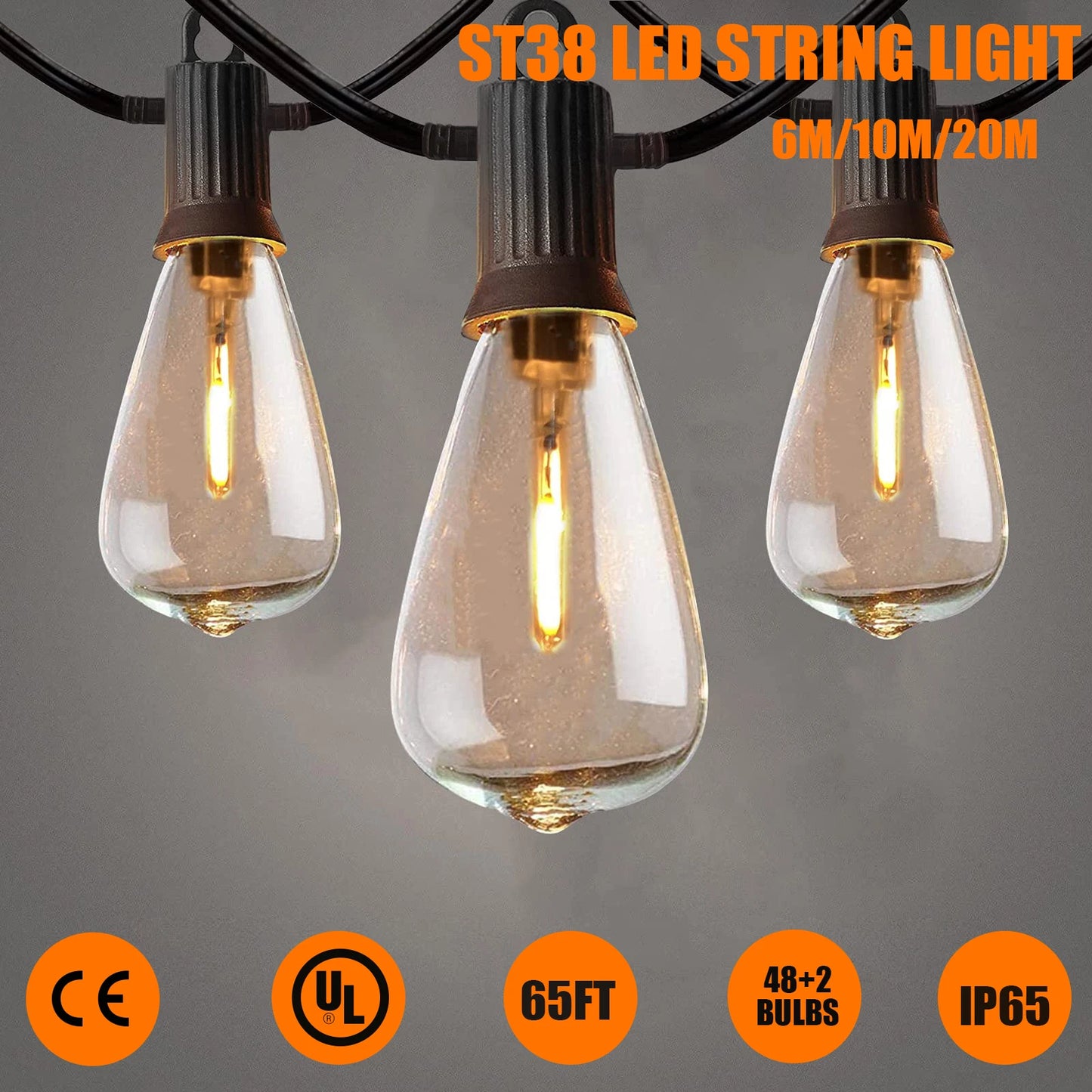 65FT LED Outdoor String Lights Shatterproof