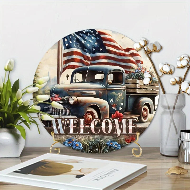 Aluminum Metal Sign Vintage Style Patriotic Truck