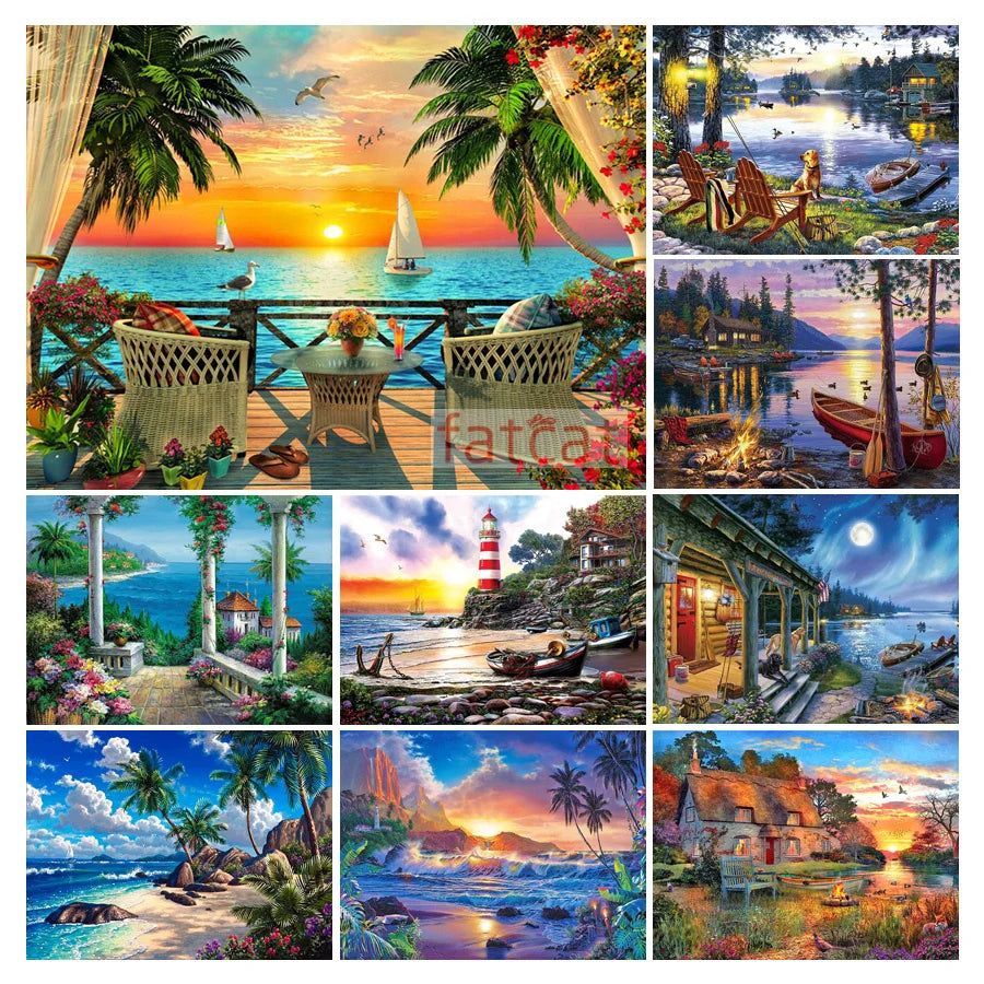 diamond sunset seaside  mosaic embroidery