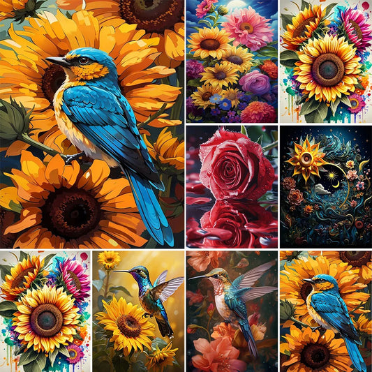 Coloring By Numbers On Canvas Bird Sunflower