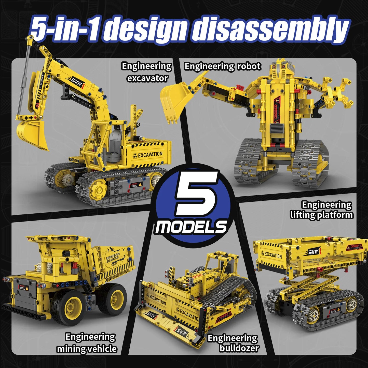 5 IN 1 Technical Remote Control Excavator Building Blocks