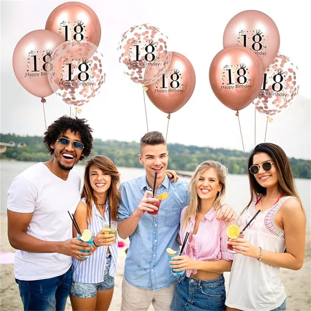 18pcs 18th Rose Gold Happy Birthday Balloon Decorations