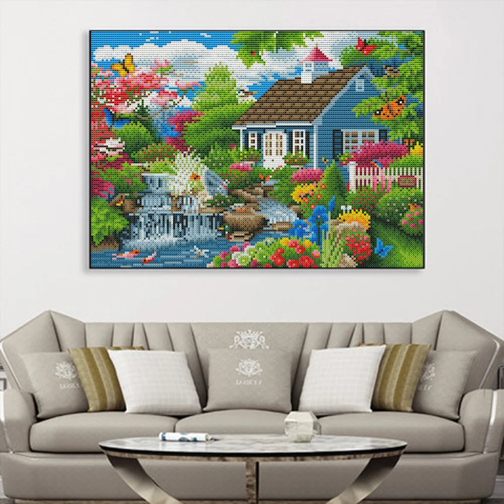 Printed Canvas Cross Stitch House Garden Embroidery Kit