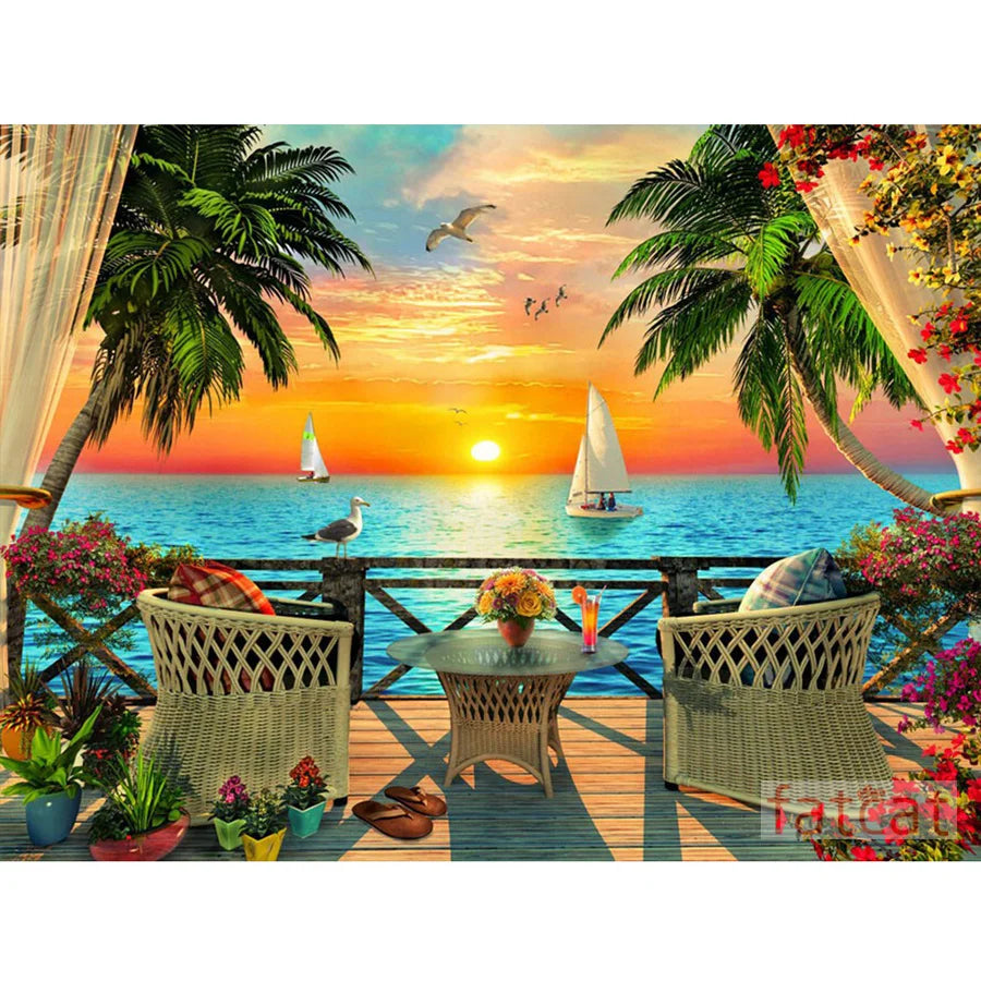 diamond sunset seaside  mosaic embroidery