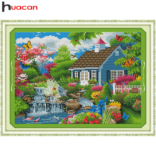 Printed Canvas Cross Stitch House Garden Embroidery Kit