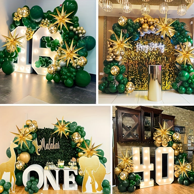 125pcs Green And Golden Balloon Arch Set With 3 Exploding Star Balloons