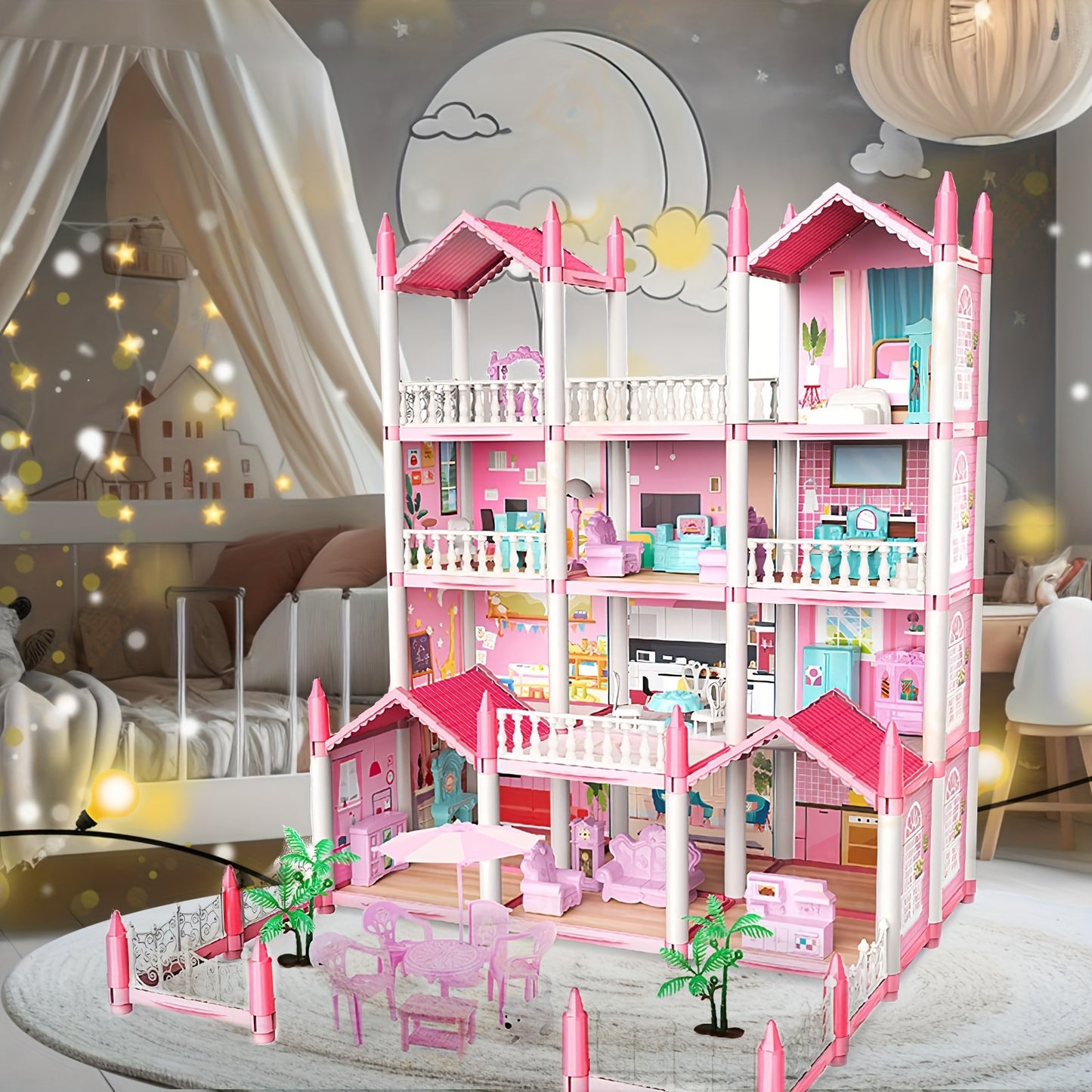 14 Rooms Dollhouse with Dolls Figure, Puppies, Furniture, Accessories, LED Light