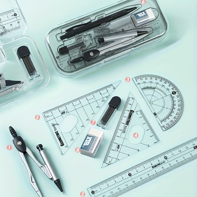 8-Piece Geometry Compass and Ruler Set with Protractor, Triangle, and Eraser